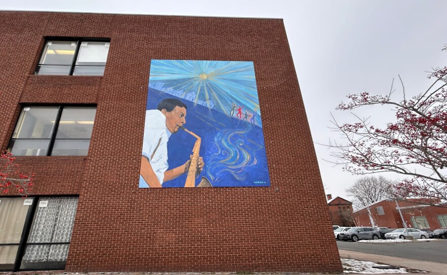 Jackie McLean mural painted by Sara Warda on the Achievement First School in Hartford, Conn.