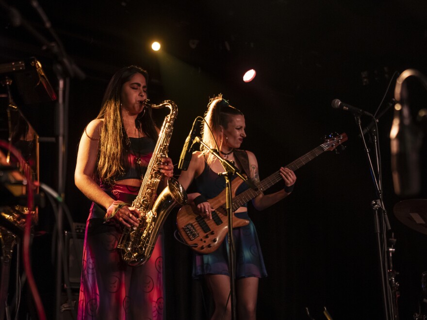 Saxophonist Bernardita Canobra and bassist Olga Galperin, of Confluencia, perform at the Union Stage at the DC JazzFest in Washington, D.C.