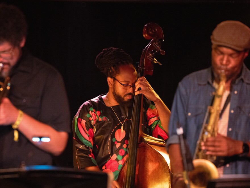 Flanked by trumpeter Josh Evans and saxophonist Stacy Dillard, 2024 DC JazzFest artist-in-residence bassist Corcoran Holt performs at Union Stage in Washington, D.C.