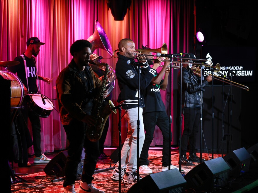 Trombone Shorty and the New Breed Brass Band perform at An Evening With Trombone Shorty and the New Breed Brass Band at the GRAMMY Museum on Oct. 12, 2023, in Los Angeles.